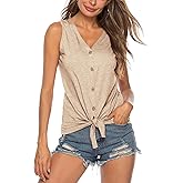 Women's Tie Knot Button Down Shirts Sleeveless Casual Blouse Curved Hemline Tops S-XXL