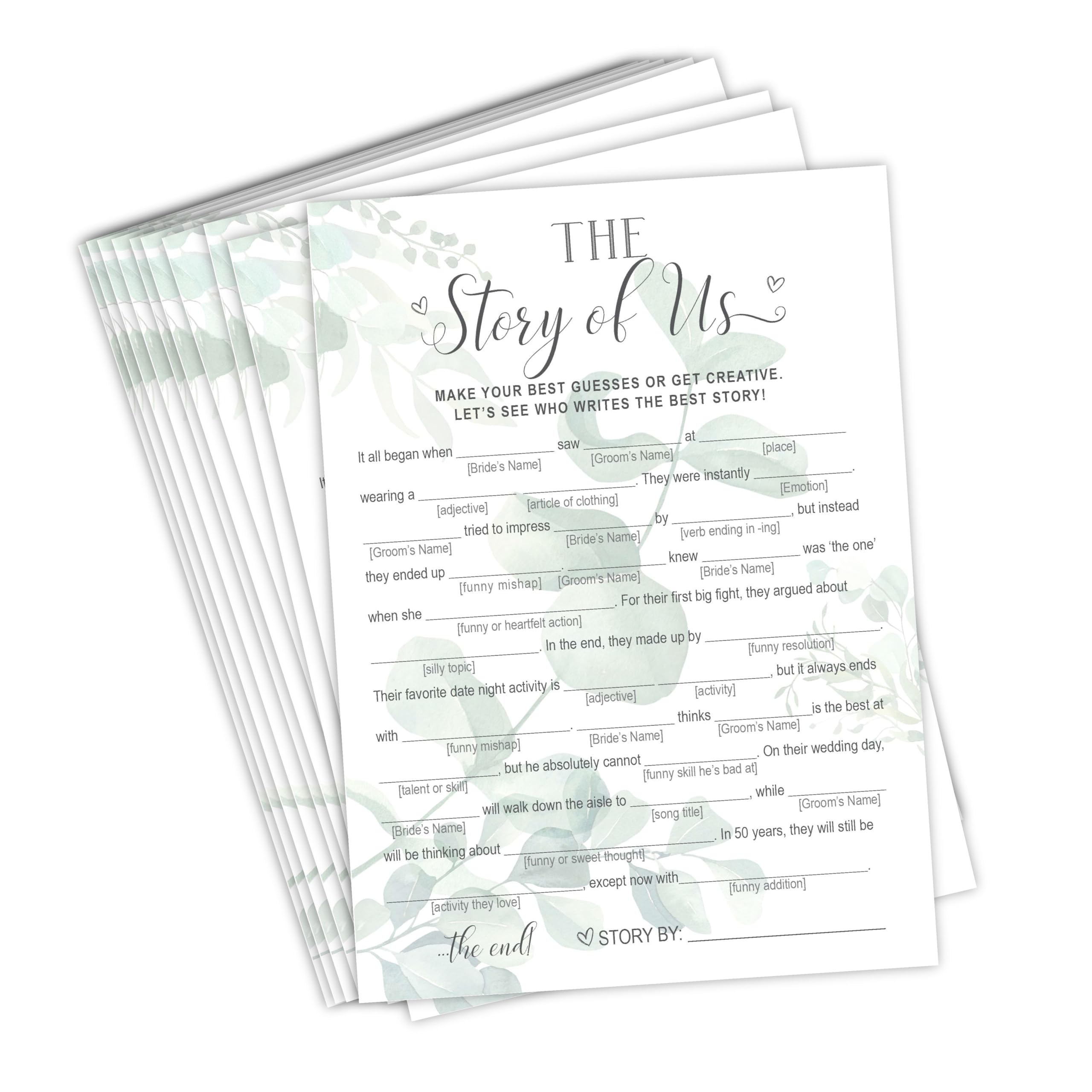 Photo 1 of Your Main Event Prints Whimsical Eucalyptus Wedding Bridal Shower Game, Our Love Story Game, 50 Game Cards Each