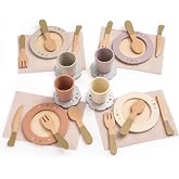 ROBOTIME Play Kitchen Dishes Set, 29PCS Wooden Toddler Plates and Dishes for Boys Girls Gifts