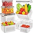 4 Pack Fruit Storage Containers for Fridge with Removable Colanders, Airtight Produce Vegetable Berry Containers for Fridge, All-In-One Food Storage Containers for Washing, Draining, Freshness