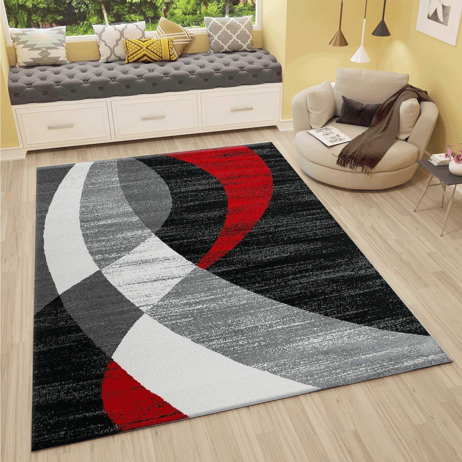 Vimoda Rug Modern Short Pile Red Grey Black Curved Stripes Trend Dimensions 160 x 230 cm