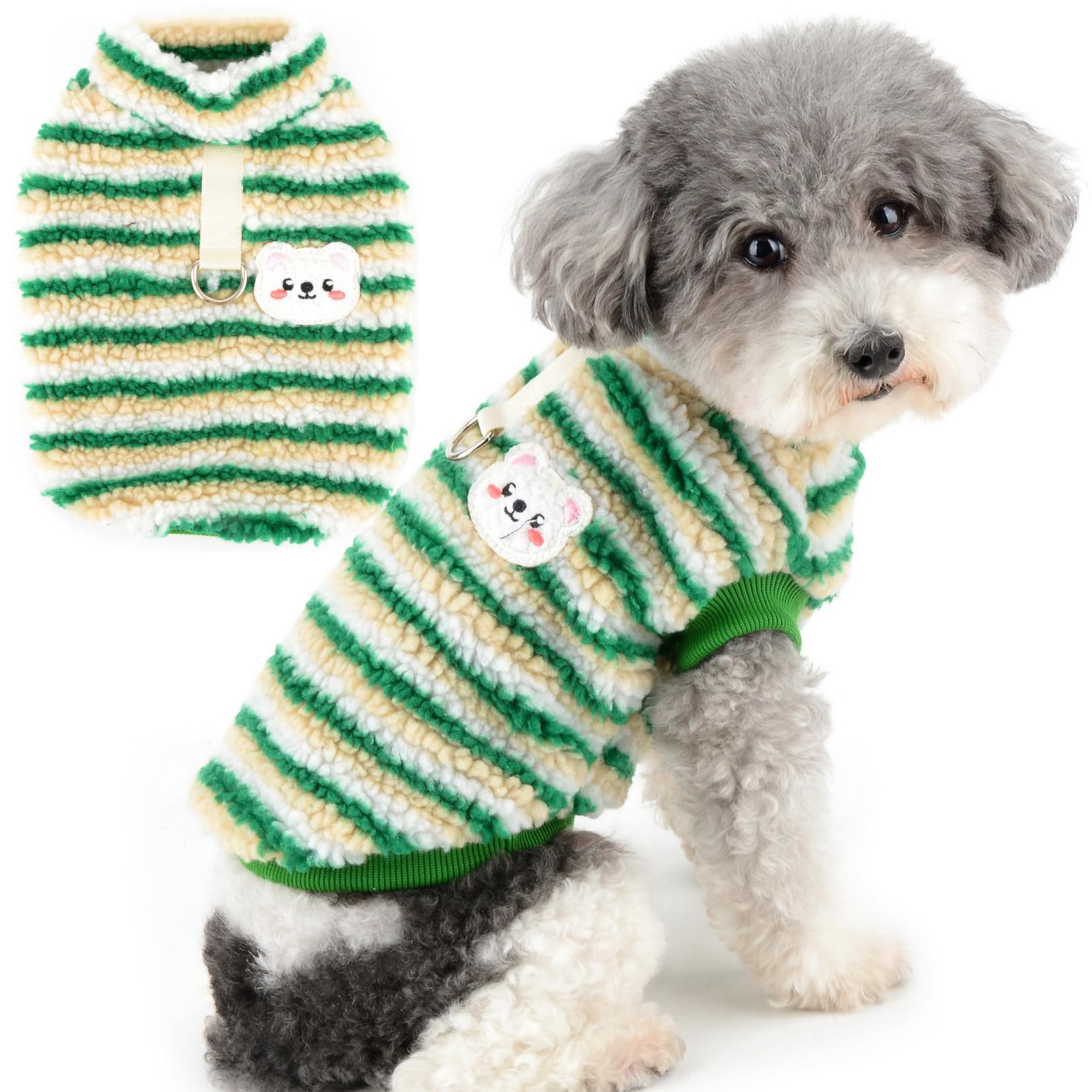 Zunea Fuzzy Sherpa Fleece Dog Jumper for Small Dogs Cat Striped Winter Sweater Coat with D-Ring Soft Warm Pullover Jacket Coat Puppy Vest Clothes Cold Weather Pet Chihuahua Yorkie Apparel Green S