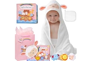 MYMATEZOE My First Noahs Ark 7 pcs Baptism Gift Set, Dedication, Christening and Baptism Gifts for Girl and Newborn Baby, Includes Washcloth and Hooded Towel,Baby Bath Book, 3 Bath Toys and Gift Bag
