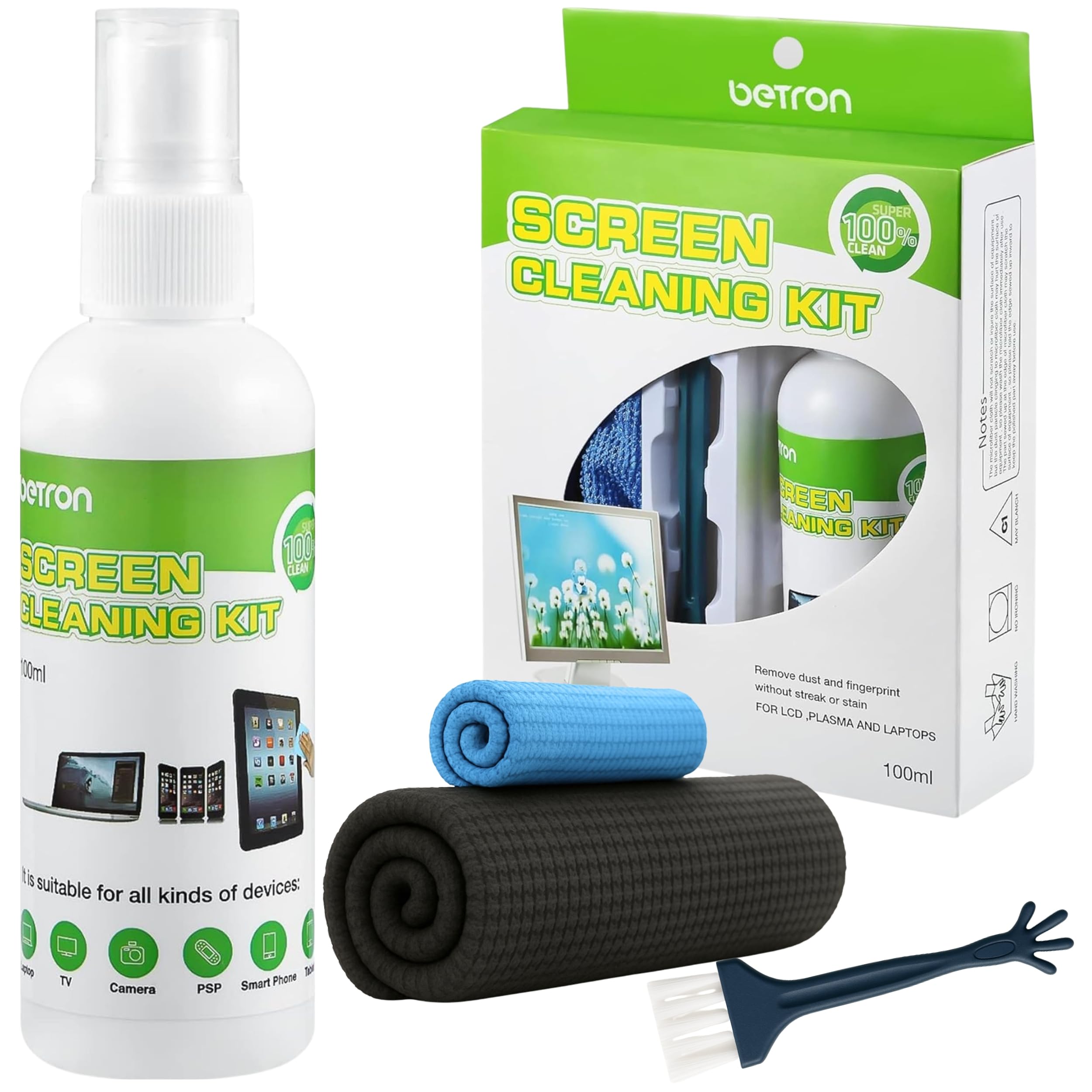 Betron Screen Cleaner for Laptop, Macbook, TV, Monitor, Phone - 100ml Cleaning Spray, Microfibre Cloth