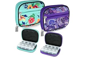Serfeymi Weekly Travel Pill Organizer Pill Case for Purse with Removable 7 Day Pill Box, Fashionable Travel Medicine Organizer Pill Container for Medicine, Vitamin, Supplement - Green 01 + Purple 01