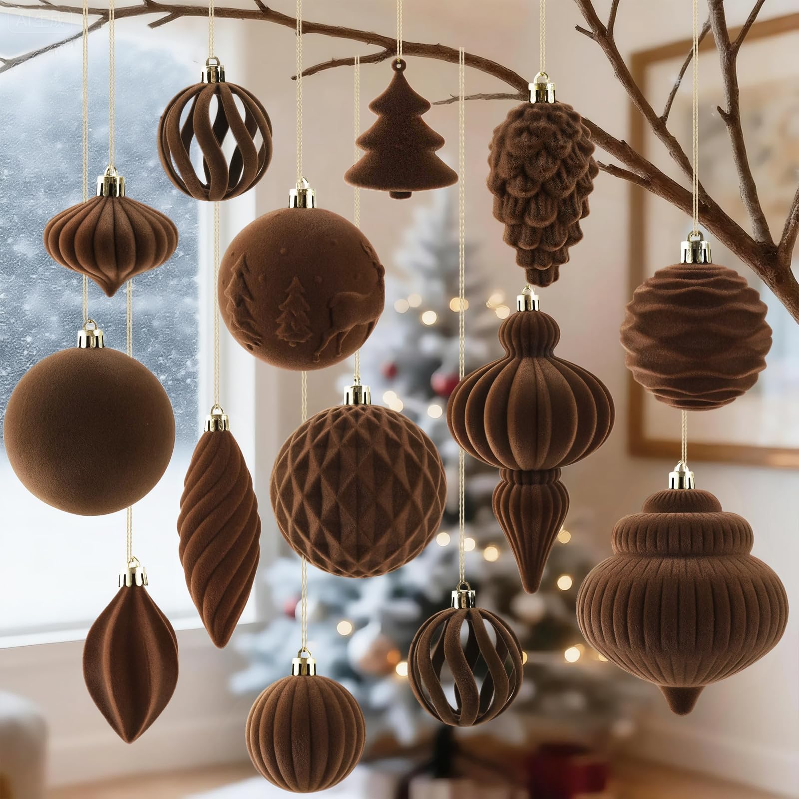 Photo 1 of 18Pcs Velvet Christmas Tree Ornaments Set, Brown Flocked Hanging Christmas Balls Ornaments, Shatterproof Decorative Hanging Balls Vintage Decorations Assortment for Xmas Tree Holiday Home Party Decor