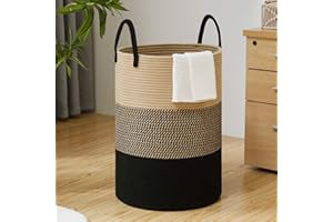 Woven Rope Laundry Basket by TECHMILLY, 72L Baby Nursery Hamper for Clothes Blanket Storage, Large Tall Laundry Hamper for College Dorm, Bedroom, Living Room, Brown & Black