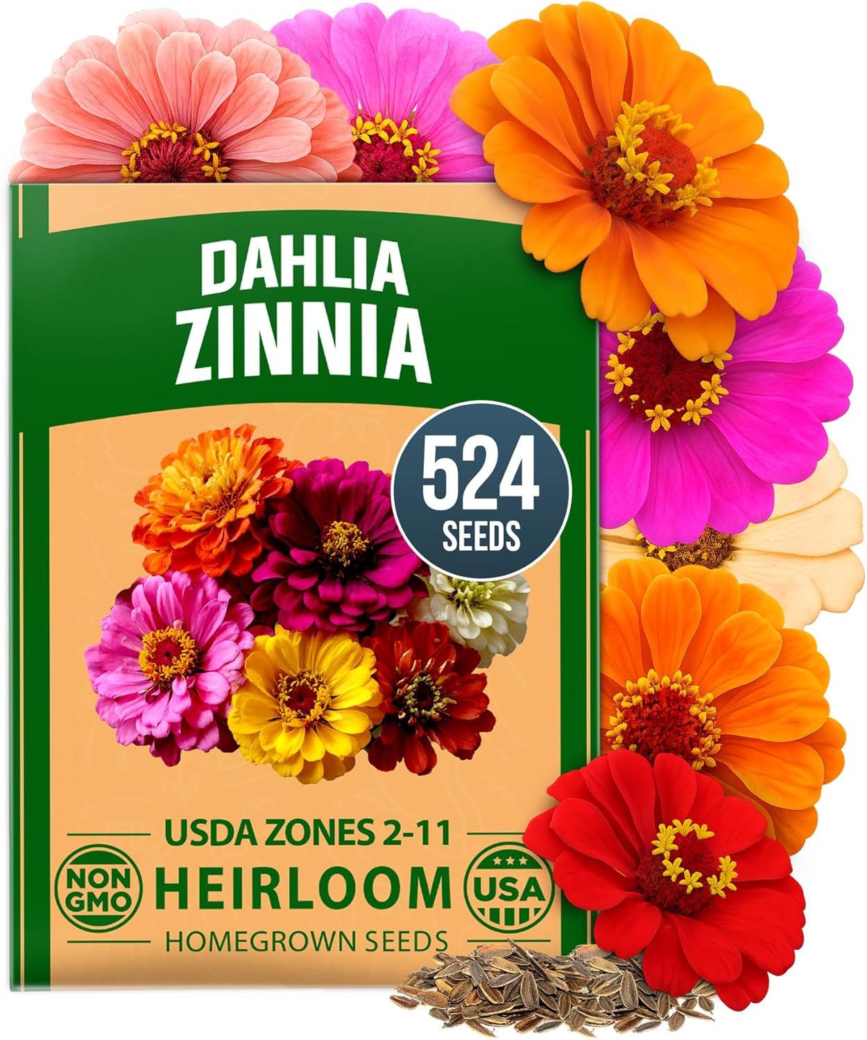 HOME GROWN Zinnia Dahlia Seeds Pack for 2026 Non GMO 524 Flower Seeds | Vibrant Zinnia Elegans for Pollinator Gardens, Borders & Containers | Easy-to-Grow Outdoor Blooms