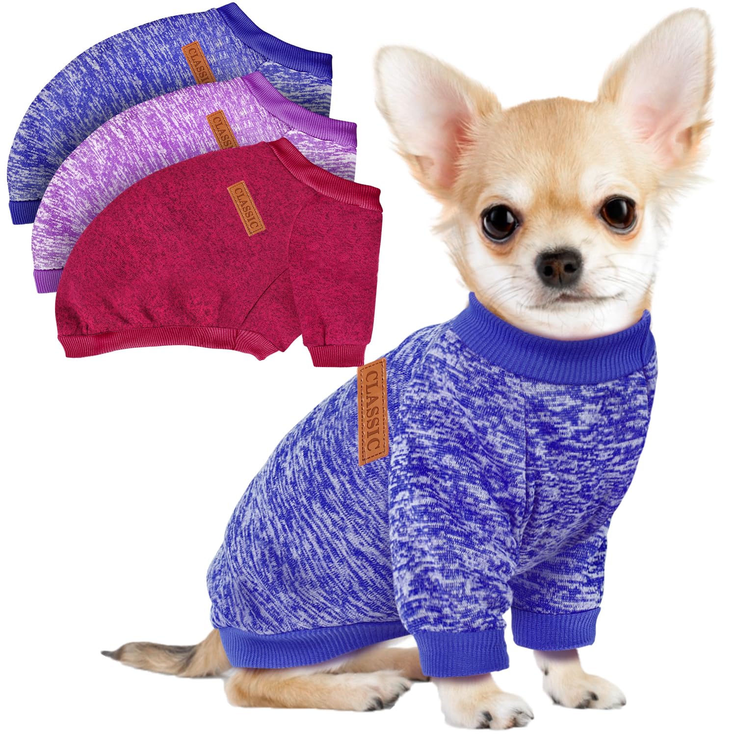 Photo 1 of 3 Pack Dog Sweaters for Small Dogs Girl Boy Winter Fleece Clothes Warm Soft Dog Sweatshirt Outfit for Dogs Cats Pet Apparel
