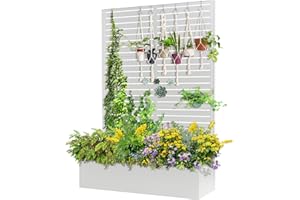 FENCY Metal Raised Garden Bed with Trellis, Metal Planter Box with Trellis, Garden Box for Climbing Plants Vegetable, 47" Lx16 Wx71 H Metal Garden Bed with Drainage Holes(White-Louvered)