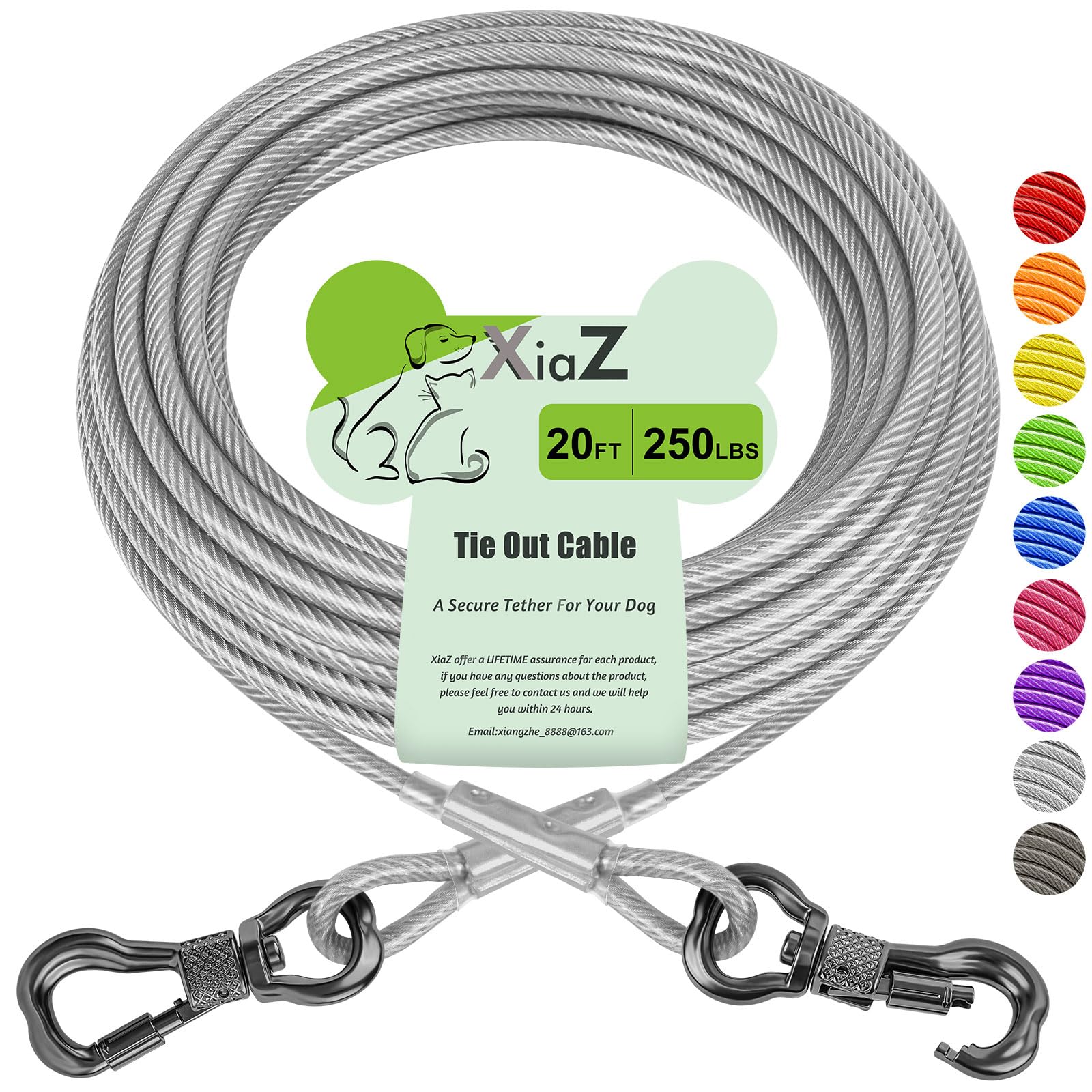 XiaZ Dog Tie Out Cable, Heavy Duty Dog Chains for Outside with Lockable Hook, Pet Runner Cable Leads for Yard, Dogs Line Tether for Small Medium Large Dogs Up to 250 LBS (20FT, Silver)