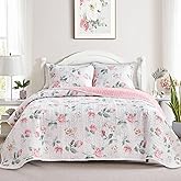 Floral Quilt Set Queen Size 88x88 with Pink Yellow Flower Soft Microfiber Lightweight Coverlet Bedspread Reversible Summer 3pc Quilted Bedding Set Bed Cover for All Season (1 Quilt+ 2 Shams)