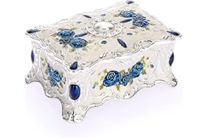 Hipiwe Vintage Metal Jewelry Box Luxury Rectangular Trinket Organizer Storage Box with Rose Pattern Decorative box Ornate Treasure Chest Box Keepsake Gift Box Case for Ladies