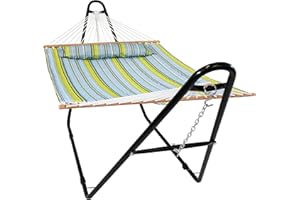 Sunnydaze Double Quilted Fabric Hammock with Universal Steel Stand - 450-Pound Capacity - Black Stand - Blue and Green