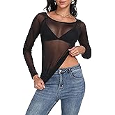 Womens Mesh Tops Long Sleeve Sheer Shirts Fitted Crewneck See Through Sexy Top Clubwear Party Club Night Blouses