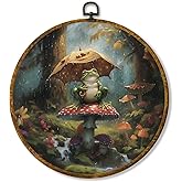 Hiuwevt Vintage Moody Forest Frog Round Wall Art Decor, Dark Academia Mushroom Framed Canvas Prints, Cottagecore Nature Round
