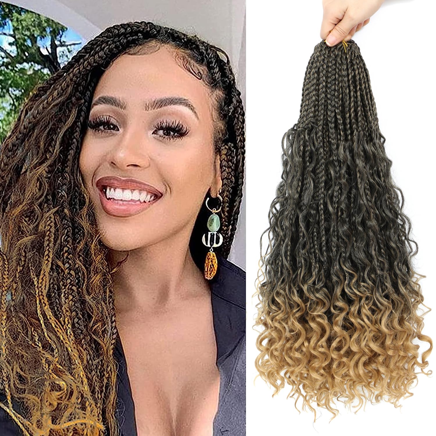 Boho Goddess Crochet Box Braids Hair Extensions for Black Women with Curly Ends 18 Inch 8 Packs (T/27) — image 1
