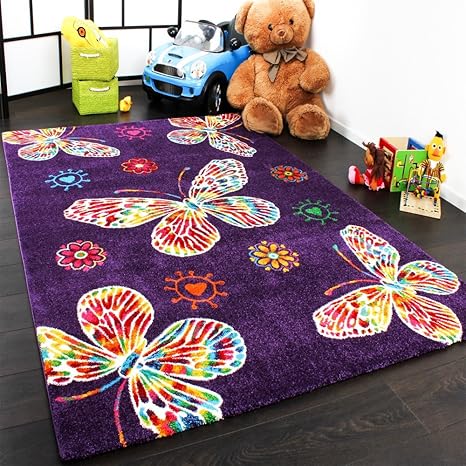 Paco Home Moderner Kinder Teppich Butterfly Schmetterling Design in Lila Top Qualität, Grösse:80x150 cm