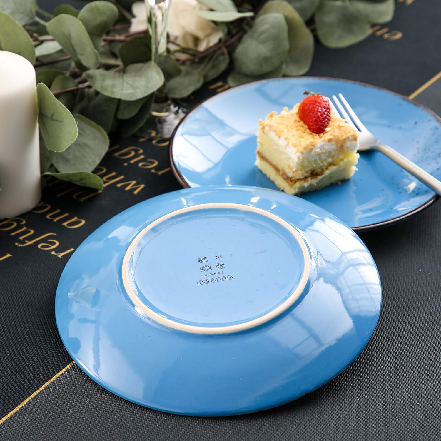 vancasso Navia Oceano Dessert Plate Set of 4, Stoneware Vintage Look Dark Blue Dinnerware Tableware - Image 5