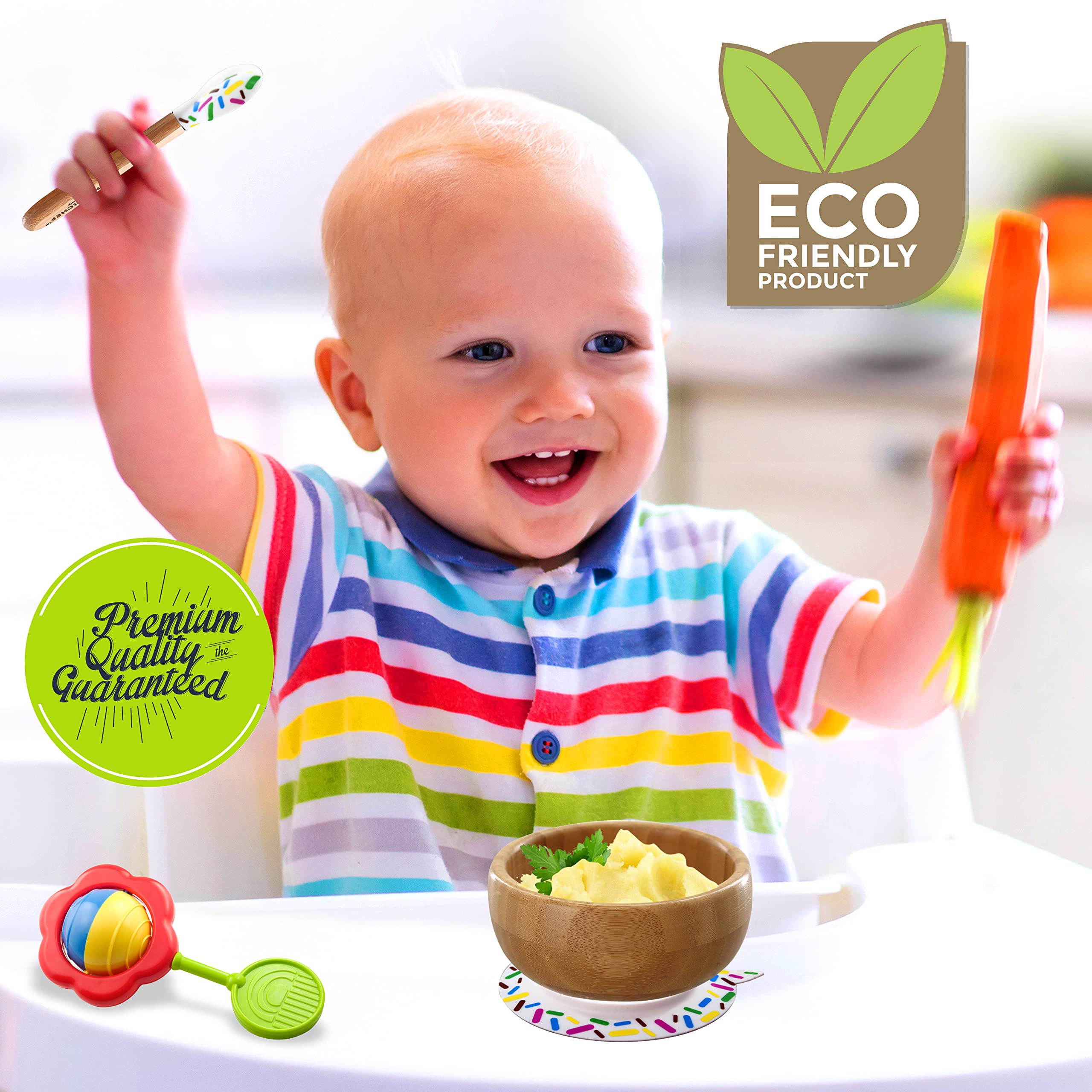 NutriChef Bamboo Baby Feeding Bowl - Wooden Infant Toddler Dish and Spoon Set w/Silicone Suction Base for Stay Put Eating, For Children Aged 4-72 Months (Sparkle)