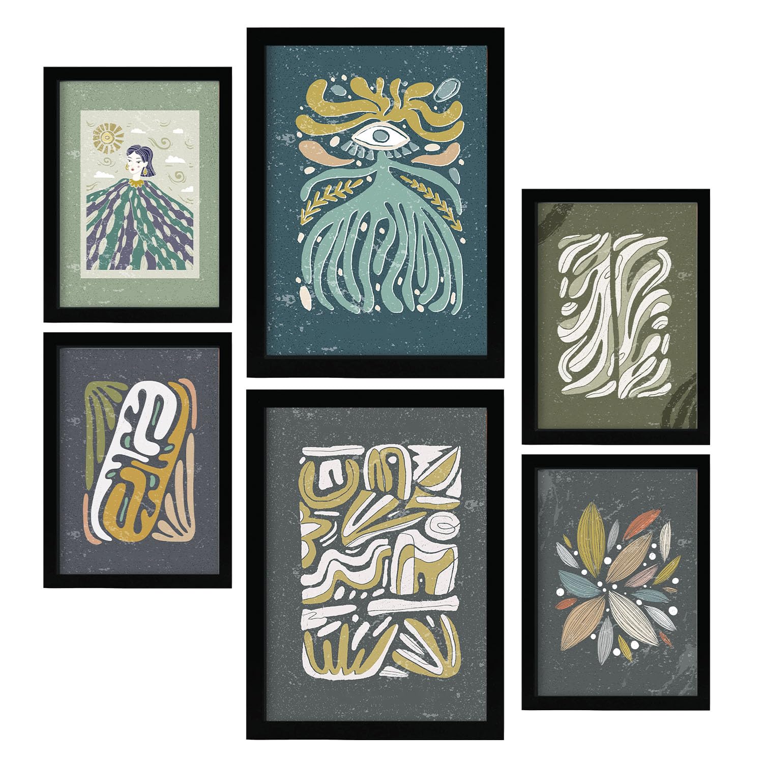 Nacnic Set of 6 prints of Cold tones in Ethnic Style Prints Collection. Aesthetic Decorative frames for your living room, bedroom, home. Wall art print. Sizes A4 and A3.