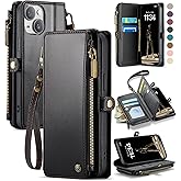 Defencase Compatible with iPhone 13 Case Wallet with RFID Blocking Card Holder for Women and Men, Fashion PU Leather Magnetic Snap Flip Zipper Strap Wallet Phone Case Fit for iPhone 13 6.1", Black
