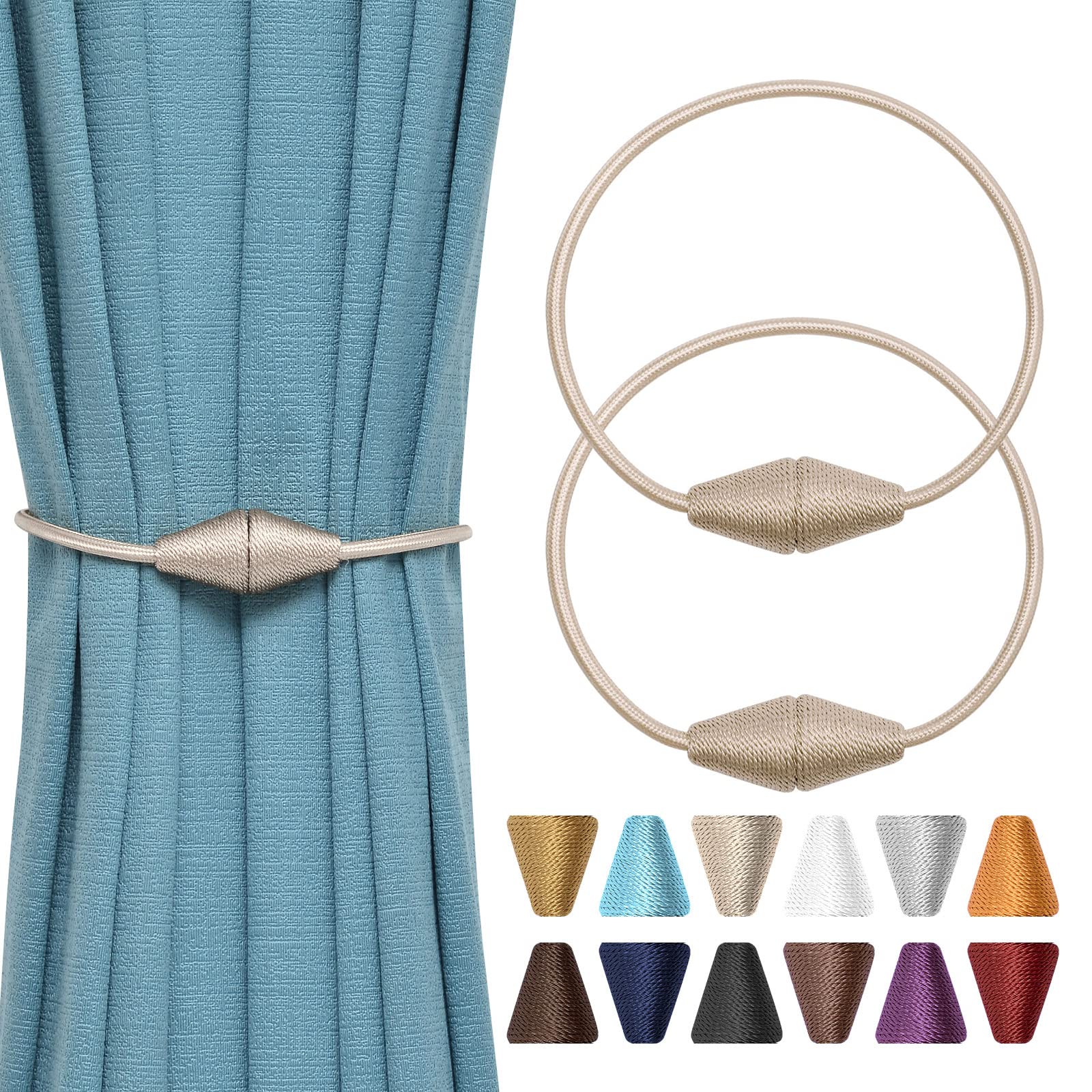 Pretty Jolly 2 Pack Upgrade Magnetic Curtain Tiebacks Handmade Weave Rope Curtain Holdbacks Convenient Decorative Cone Curtain Drape Tie Backs for Home & Office Window Drapery (Beige)