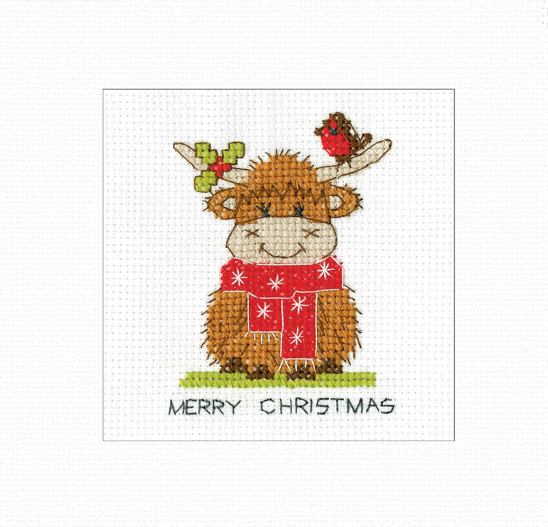 Heritage Crafts Christmas Card Cross Stitch Kit - Highland Cow Christmas Scarf Cross Stitch Card Kit