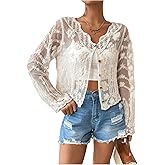 OYOANGLE Women's Plus Size Floral Appliques Long Sleeve Button Front Sheer Cardigan Lightweight See Through Outerwear