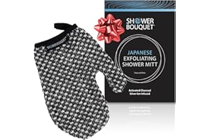 SHOWER BOUQUET Japanese Exfoliating Mitt for Shower [1-Pack, White] - Charcoal & Silver Ion Exfoliating Glove - Gentle Exfoliation & Deep Cleansing Shower Mitt - Exfoliating Body Scrubber Glove, Soft Fabric Inside