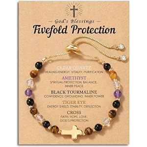 HGDEER God's Blessings Cross Bracelet for Women, Christian Protection Gift | 14k Gold-Plated Cross, 4 Natural Gemstones, Bolo