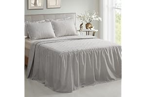 CHIXIN Ticking Stripe Ruffle Skirt Bedspread King Size - 30" Long Drop, Shabby Chic Style, Lightweight Bedding Cover, 3 Piece Set, Light Grey