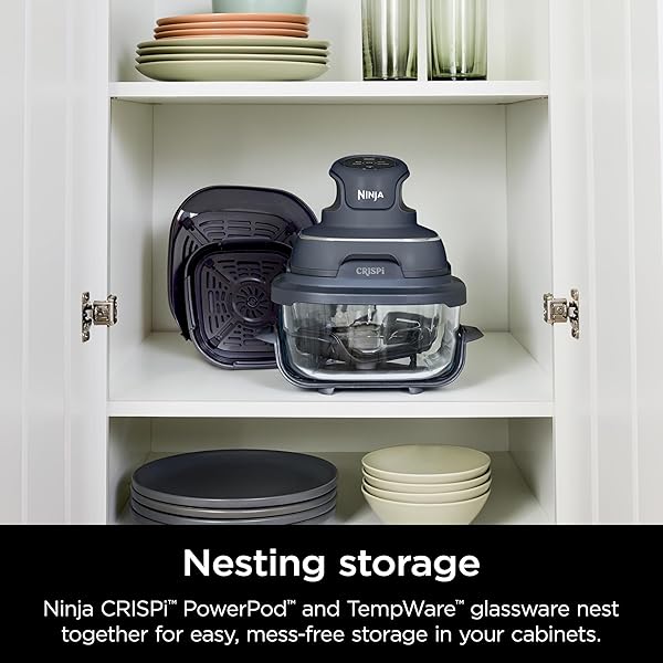 NINJA CRISPI AIR FRYER, MICROWAVE, FREEZER & DISHWASHER SAFE, NON TOXIC GLASS PORTABLE COOKING SYSTEM, 4 QT & 6 CUP GLASS CONTAINERS WITH STORAGE LIDS, EASY MEALS, AIR FRY, BAKE, & MORE GREY, FN101CGY