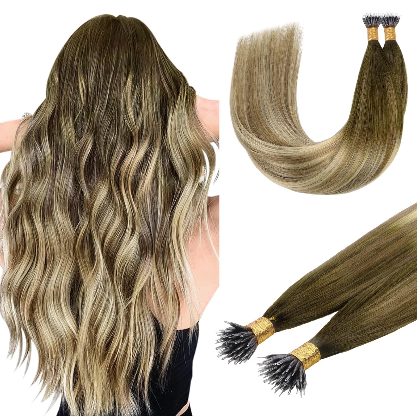 DOORES Nano Beads Hair Extensions, Walnut Brown to Ash Brown and Bleach Blonde 16 Inch 50g 100s, Remy Full Head Nano Hair Extensions Real Human Hair — image 1