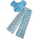 XUANHAO Toddler Girls Clothes Summer Puff Sleeve Smocked Shirt Top Wide Leg Pants Outfits Kids Girl's Clothing Set