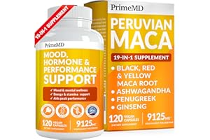 PrimeMD 19-in-1 Peruvian Maca Root Capsules - 9125 mg Ashwagandha Supplements with Maca Fenugreek and Ginseng for Mood, Hormone & Performance Support (120 Capsules)