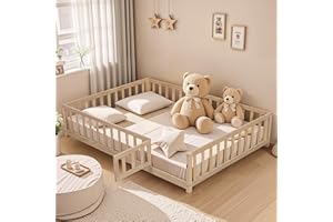 ACQCA Full Size Floor Platform Bed with Fence and Lockable Door, Wood Montessori Bed Frame with Slat Support for Kids,Girls,Boys, Easy to Assemble,Natural