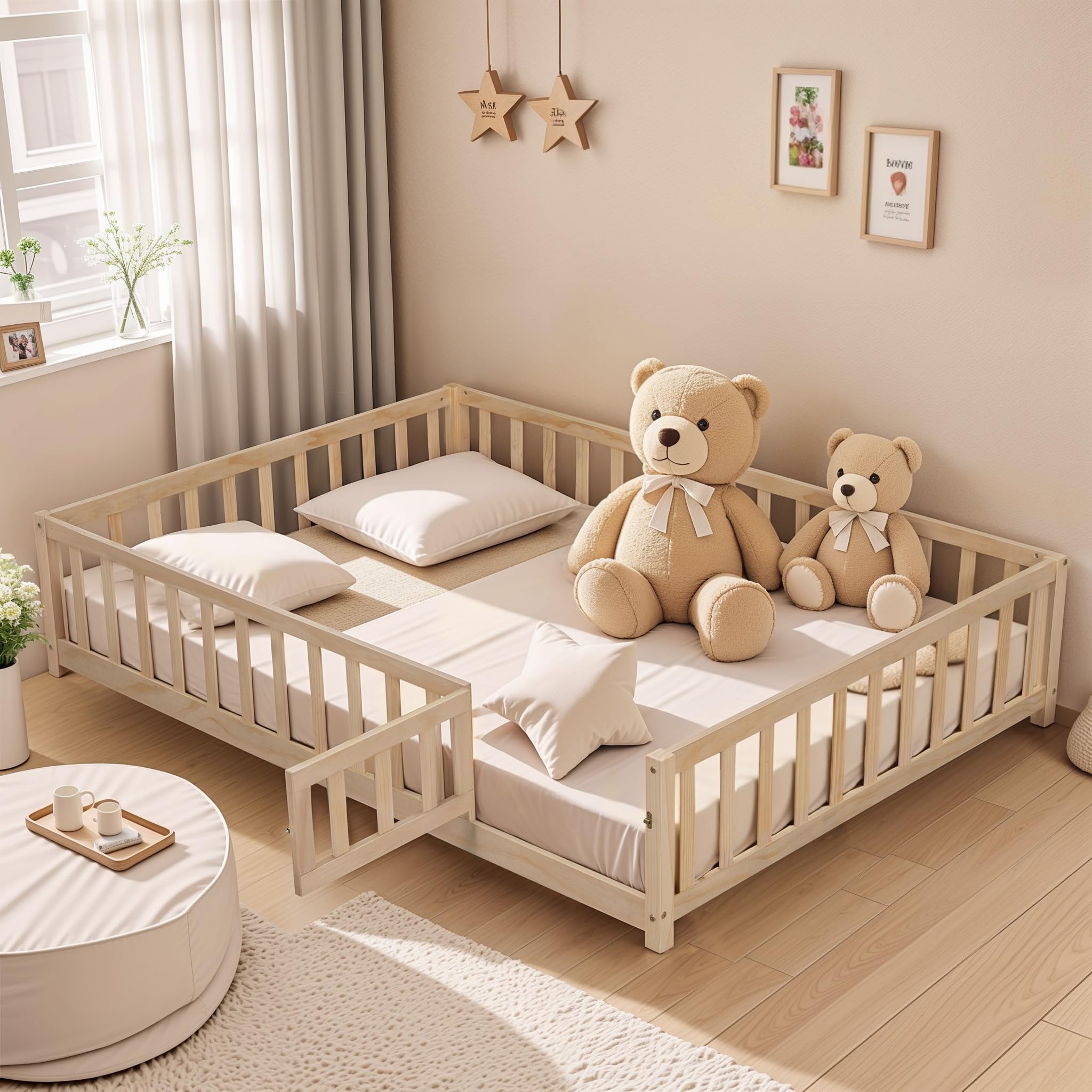 Photo 1 of Anwick Full Size Platform Bed with Fence and Door, Montessori Wooden Floor Bed Frame with Support Slats for Kids, Toddlers, Boys and Girls (Natural)