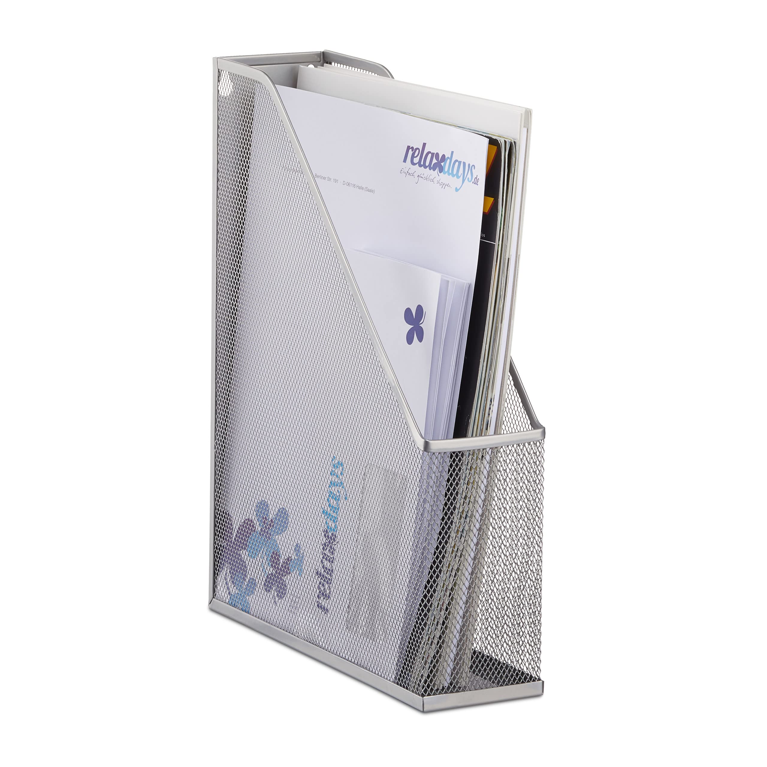 Relaxdays A4 Metal Mesh File Holder, Standing Magazine Rack, Eyelets for Mounting, Document Organiser, Silver