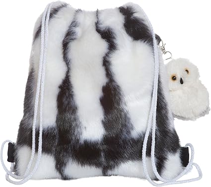 Manhattan Toy Fuzzy Black and White Drawstring Back Pack with Clip-on Owl Stuffed Animal