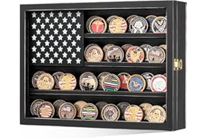 GYAOZII Challenge Coin Display Case 11x15IN, Military Medal Shadow Box HD Acrylic Glass 2 Groove Shelves, Retro Coin Holder with American Flag for Casino Poker Chips Exquisite Souvenirs