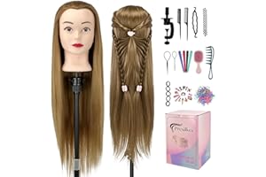 Presilkee 28″ Cosmetology Mannequin Head With Hair – Doll Head For Hair Styling | wig Mannequin Head For Braiding, Cutting & Styling Practice | Includes Free Wig Stand & Hair Tools Set (Golden)