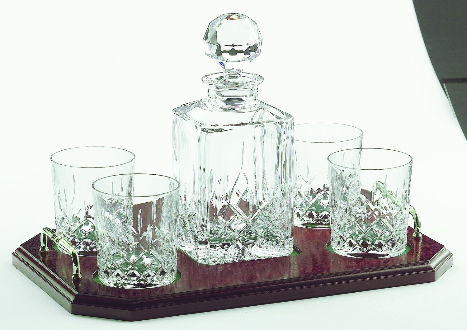 Irish Galway Crystal Square Whiskey Decanter & 4 Glasses Tray Set from