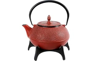 Cuisiland 40oz Cast Iron Teapot with tirvet Set-Enameled Interior and Stainless Steel Infuser, Black, Red, Green (Red)