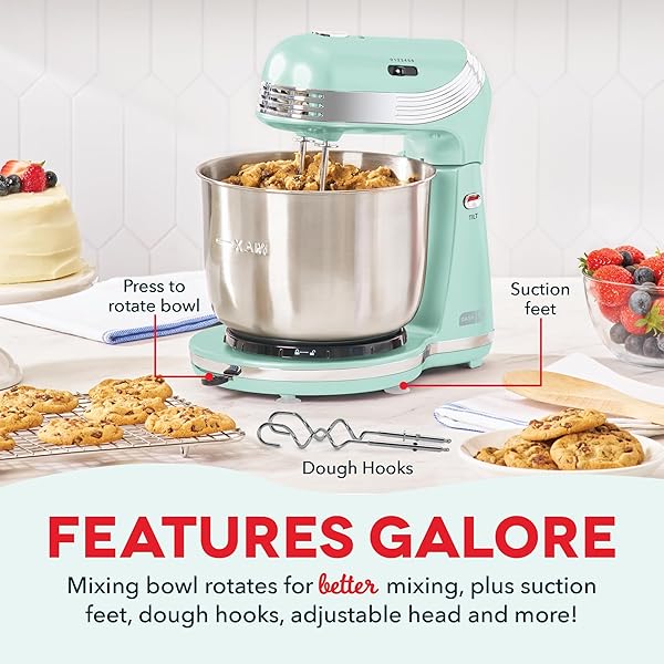 DASH EVERYDAY STAND MIXER – COMPACT TILT-HEAD STAND MIXER FOR EVERYDAY RECIPES – 6-SPEED POWER WITH STAINLESS STEEL BOWL – AQUA, 3-QUART