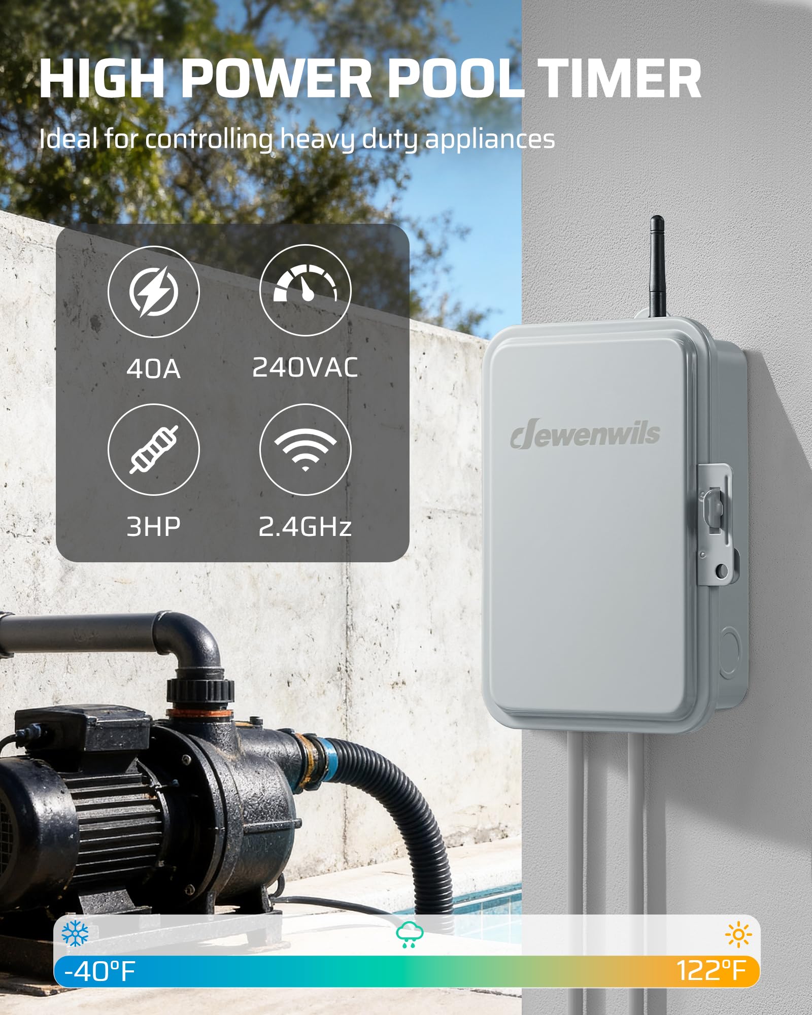 Condition photo showing New/Like New for dewenwils matter pool pump timer, matter hub required, 240v 3hp 40a, metal enclosure, heavy duty tim