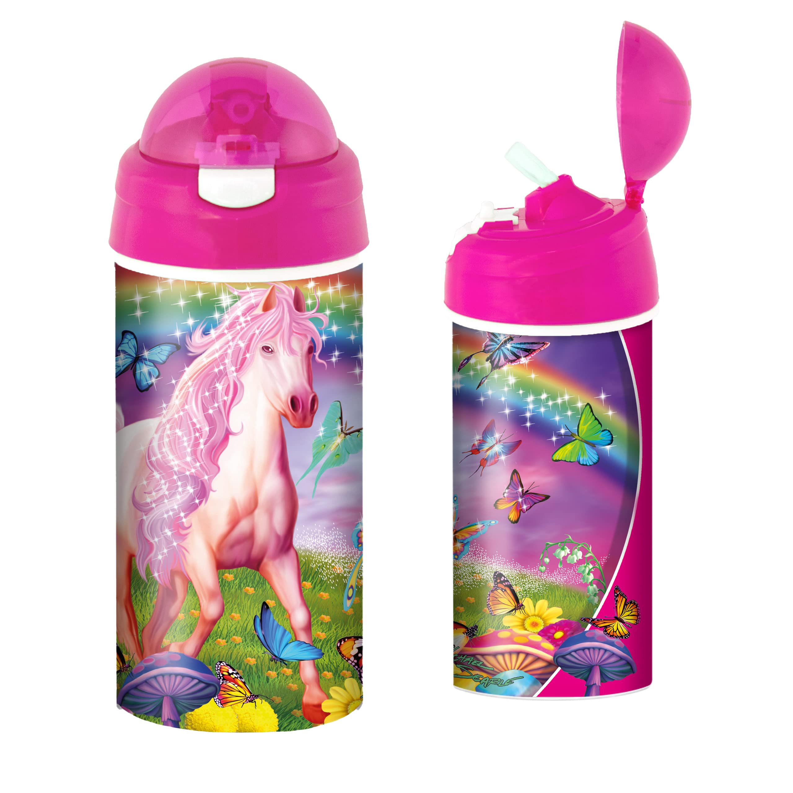 3D LiveLife Drinking Bottle - Pink Pony Dazzle from Deluxebase. 3D Lenticular 600ml BPA Free Reusable Pink Water Bottle with Straw and Flip Top Lid. Leak Proof Animal Drinks Bottles with Horse Design. โ image 1