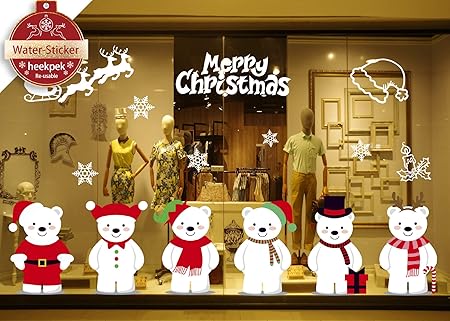 Heekpek Sticker Noël Pour Fenêtre Vitrine Vitre Morrir De Famille Boutique Diy Sticker Autocollant Mural 6 Ours Flocon De Neige