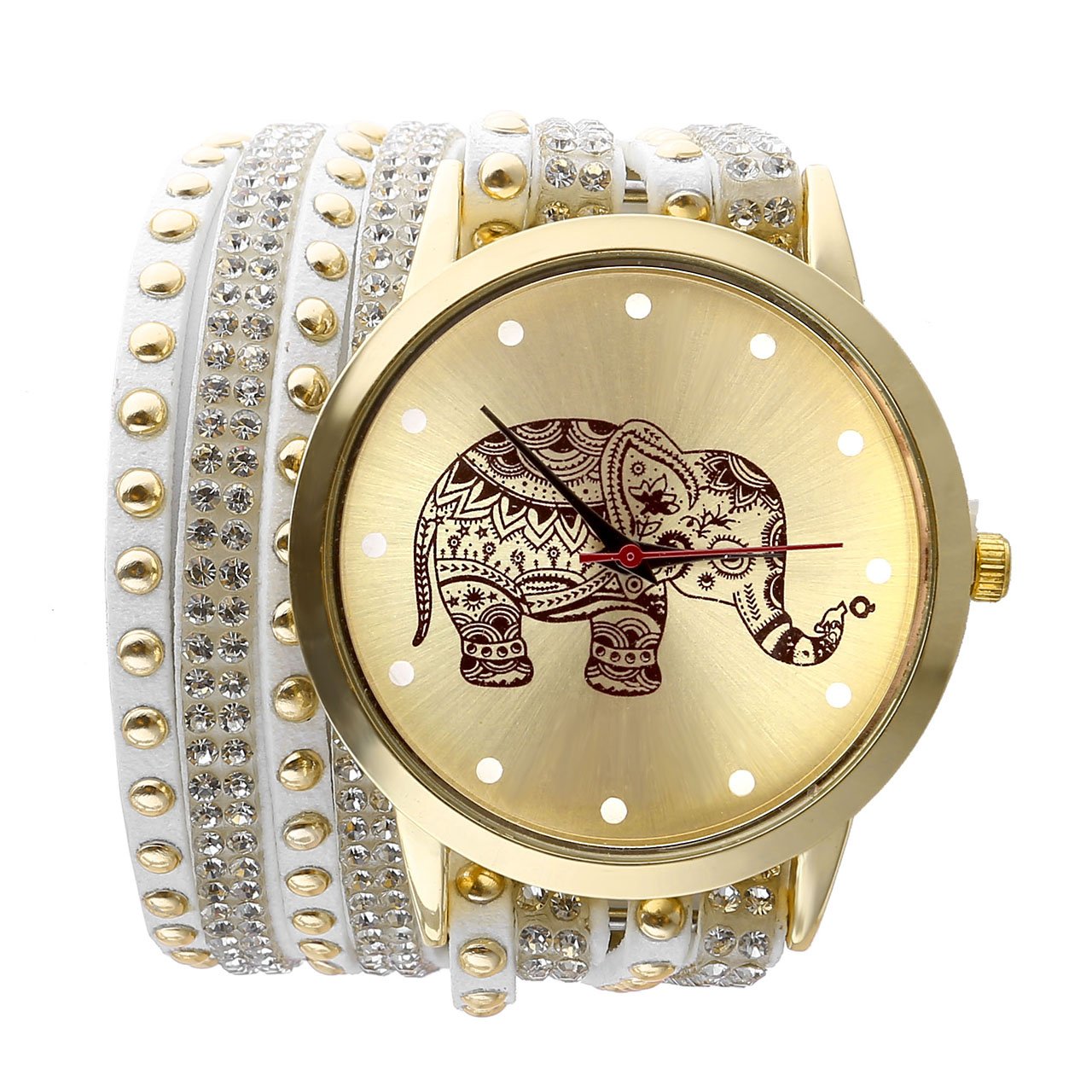 JSDDE Mode éléphant de Rivet Montre Bracelet Femme Quartz Tressé Winding Wrap Montre, Blanc
