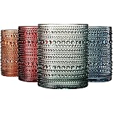 Khen Colored Glass Glasses | Set of 4 | Large Art Deco Glassware Muted Vintage Glasses for Wine, Champagne, Cocktail, Margarita, Wine Glass, Gift Idea, Muted Pastel Colors Goblets - Hobnail Beaded